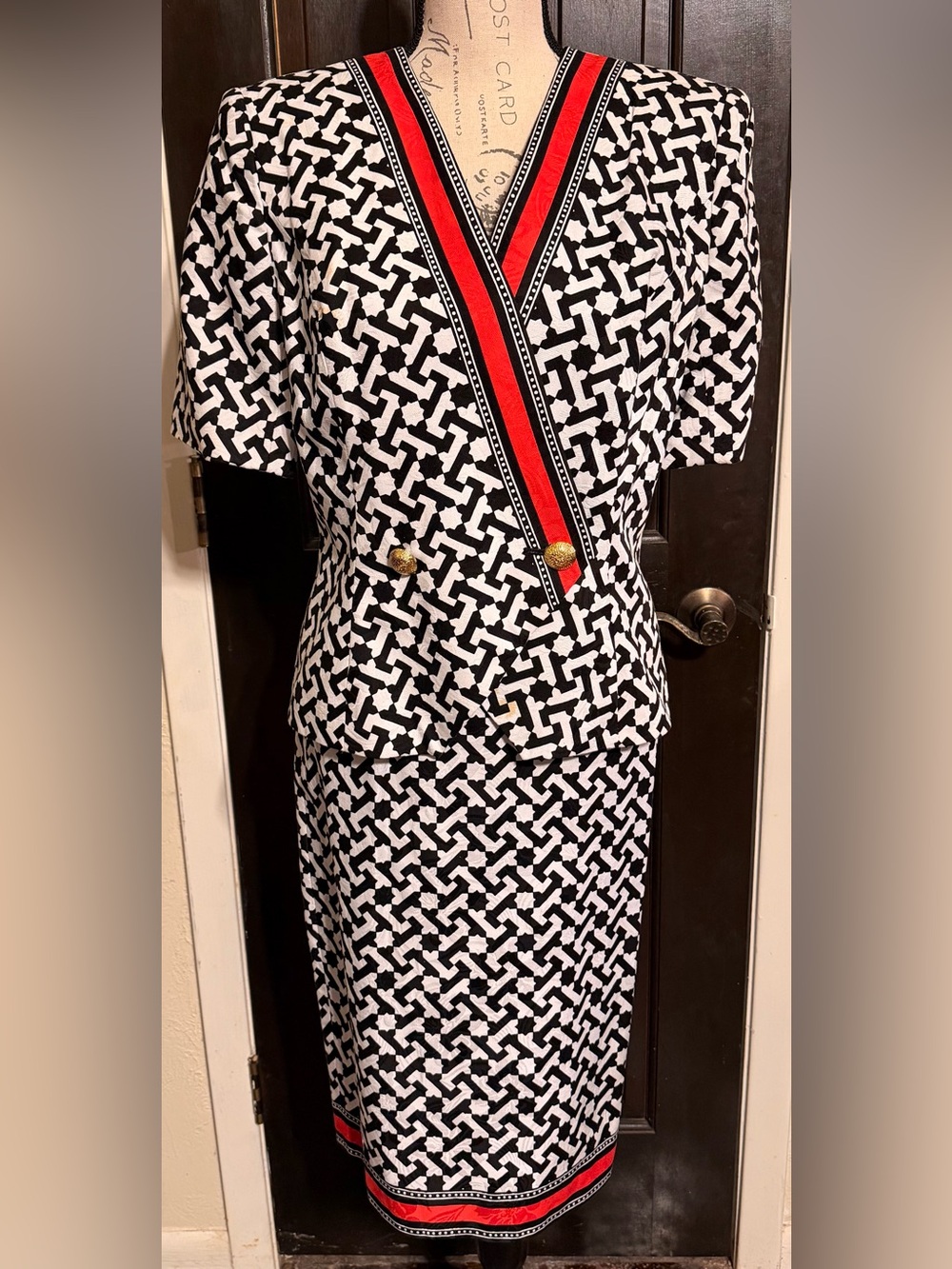 VTG Rickie Freeman Teri Jon Neiman Marcus Geometric Navy Red Skirt Set 6
